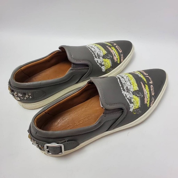 Coach Slip On Shoe C103 Sequin Studded Buckle Gray Sneakers Pointy Toe Sz 6.5 B - Picture 10 of 12